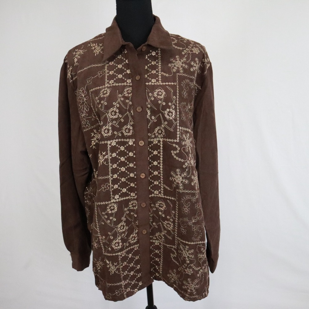 BonWorth Shirt Top Womens Large Sueded Collared Button Brown Floral Long Sleeve